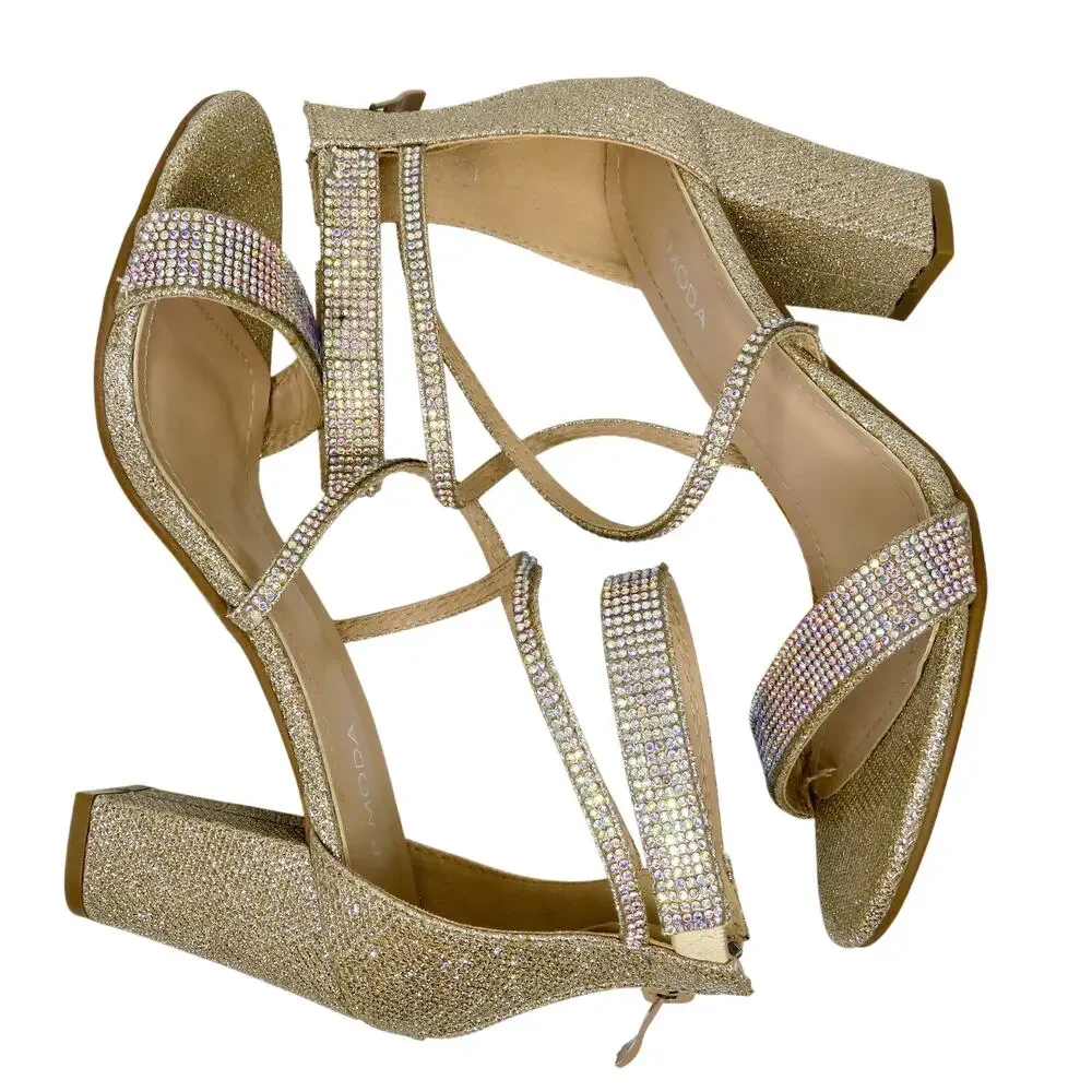 Top Moda Rosa-66 Gold Rhinestone Sparkle Ankle Strap Heels Size 8